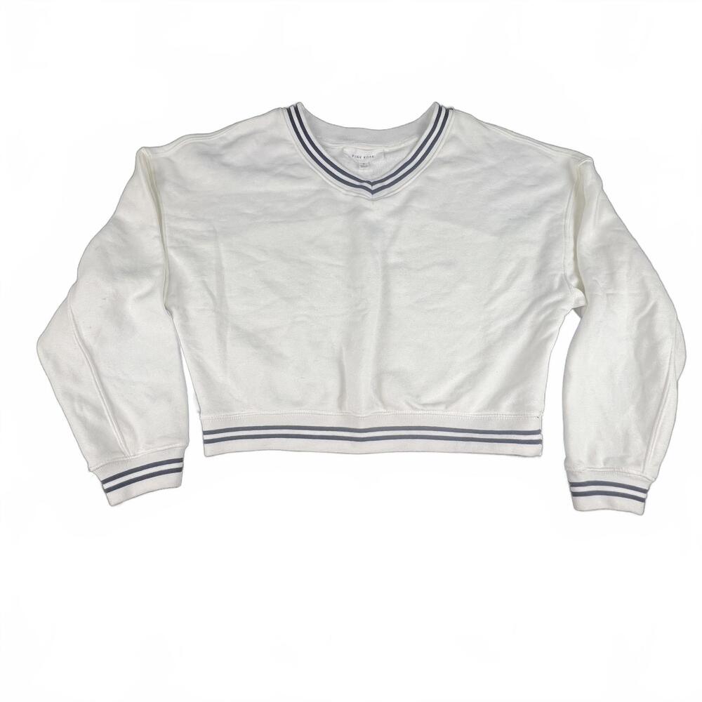 Pink Rose Cropped V-Neck Sweatshirt Blue Stripe Trim – Size M